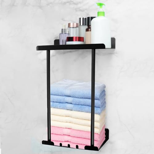 QWORK® Toallero de Altura Ajustable con Estante y Ganchos, 38-75 cm, Toalleros De Baño Sin Taladro, Negro