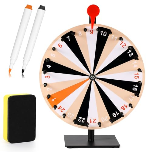 NQEUEPN 30cm Roue de Prix, 24 Emplacements Table Roue de la Fortune avec Support Roue de Roulette avec Effaçable à Sec et Marqueur pour Carnavals Salons Professionnels Jeu de Spin