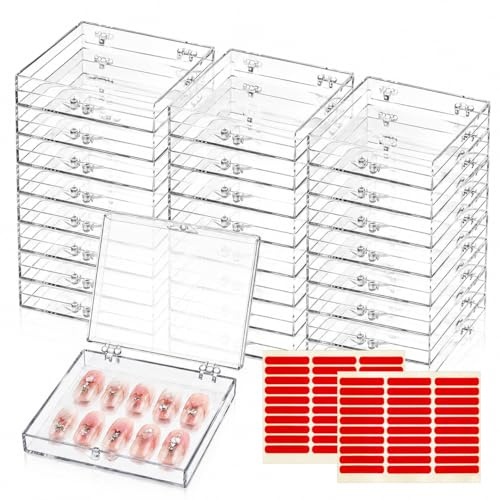 Jucoan 30 Pack Press on Nail Boxes, 7 x 7 cm Acrylic False Nails Art Tips Storage Box Clear Package Box, Nail Organizer Display Case Container with Adhesive Nails Tapes for False Nail
