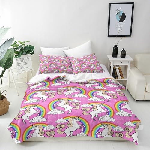 ANHOPE Rosa Hintergrund Einhorn Wolke Bettwäsche Set 3 Teilig Bettbezug 200x220 cm & 2 Kissenbezug 80x80 cm Microfaser Bettbezüge mit Reißverschluss Weich Bettdeckenbezug Set für Kinder Mädchen