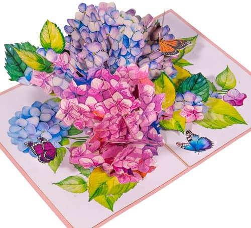 LINPOPUP® Pop-Up Karte Blume - Grußkarte Schmetterling, Geburtstagskarte, Muttertagskarte, 3D Blumenkarte für Frau, Mutter, Freundin, Gute Besserung, Geldgeschenk, Gutschein, Garten, Hortensien, N278