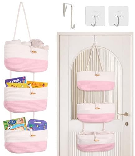 Autumnlife 3-Tier Over Door Storage Organiser, Woven Rope Hanging Door Organiser Wall Hanging Organiser Storage Cotton Fabric Back of Door Storage for Nursery, Bedroom, Bathroom - Pink