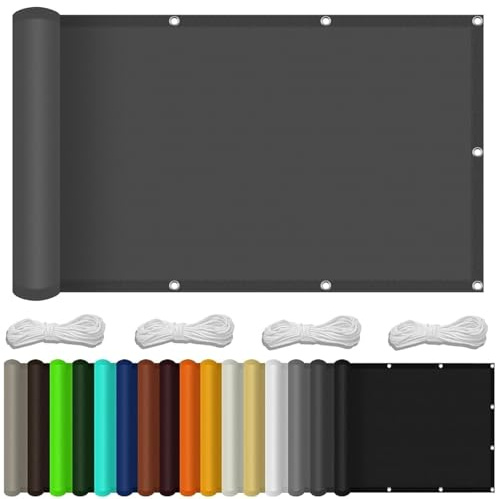 Brise Vue Balcon 90 x 350 cm Protection Contre Les Regards Couverture de Confidentialité Écran avec Oeillets et Cordons, Facile a Poser pour Balcon Jardin Patio Terrasse, Gris Foncé
