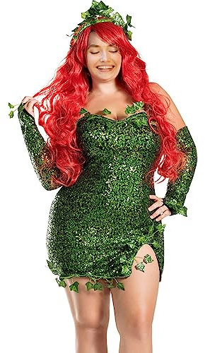 GPLOPEEY Costume da edera per Halloween da donna, senza maniche, tubetto con paillettes, mini abito con foglie finte, vestito da fata con guanti e fascia (01 verde, XXL)