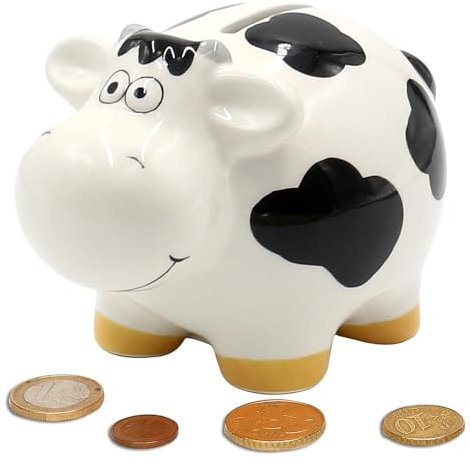 Sparfigur, Spartier, Spardose, Sparbüchse, Kinderspardose, Sparschwein als Kuh in schwarz/weiß, aus Keramik mit wiederverschließbarem Gummistopfen, L/B/H 9 x 13 x 9 cm.