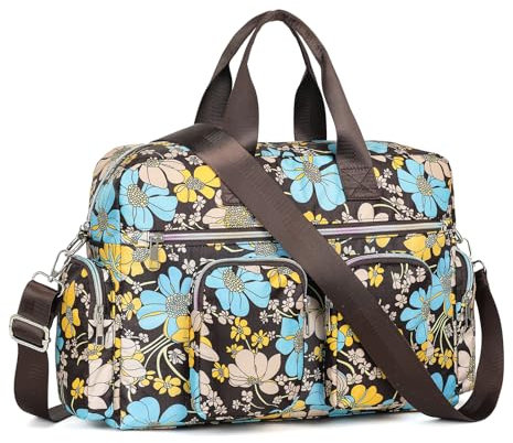 KONO Damen leichte Handtasche, Wasserdichte Umhängetasche mit Blumenmuster, Groß Henkeltasche für Frauen, Multifunktionale Schultertasche für Reisen, Shopper, Arbeit(Braun)