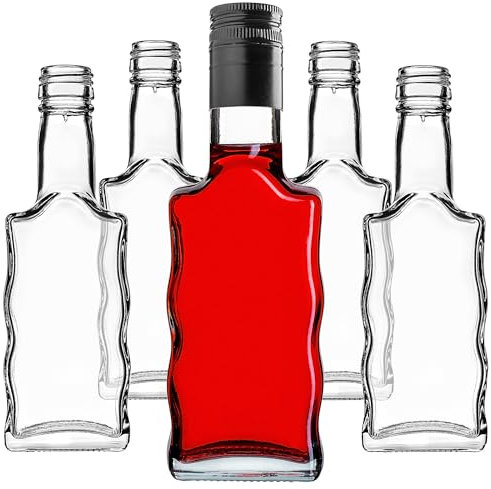 KADAX Glasflaschen 200ml, 5 Stück, leere Flaschen mit Schraubverschluss, kleine Likörflaschen zum Befüllen, Weinflaschen aus Glas, Schnapsflaschen (Schwarz, Lang)
