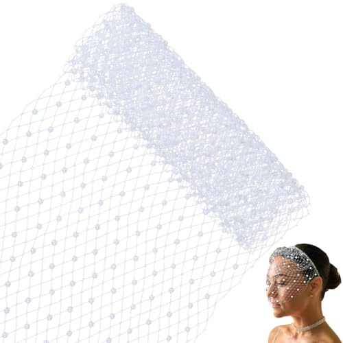 GORGECRAFT Vogelkäfig Schleier Netzstoff 1 m X 25cm Weißes Perlennetz Fascinator Millinery Französischer Organza Rautenball Tüll Stirnband Braut Haarnetz Kopfschmuck Hut Schleier Für Frauen Hochzeit