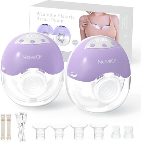 NesveCit Electric Breast Pump, Wearable Breast Pump Hands Free, 4 Modes & 12 Levels, Portable, Rechargeble, Painless, Low Noise, BPA Free, 19/21/24MM Flanges, 2 Pack Purple