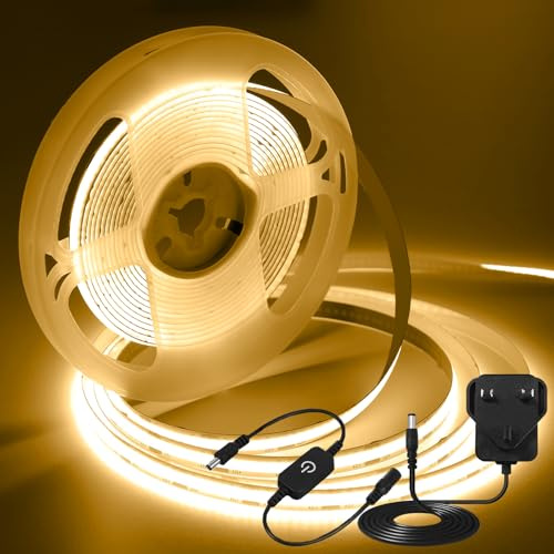 iNextStation 12V COB LED Strip Light 5M Warm White 3000K Tape Lights | Cuttable CRI93+ Dotless Flexible Dimmable Lights Kit for Bedroom TV Backlight Kitchen Cabinet Bookcase Mirror (With Plug)