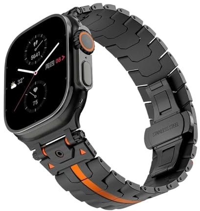 Quirxio Correa para Apple Watch Ultra 2 49mm Series 10 9 8 7 se 6 5 4 Correa de acero inoxidable para iwatch 49 42 46mm 41 45mm 40 44mm Correas de reloj(Black Orange,For iwatch 10 46mm)