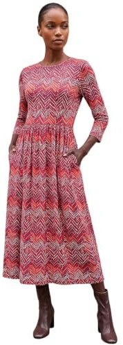 Roman Originals Maxi Dress with Pockets for Women UK Ladies Stretchy Jersey Midi Elasticated Gathered High Waist Skater Swing Fit Flare Office Work Smart Casual Boho - Red Zig Zag - Size 14