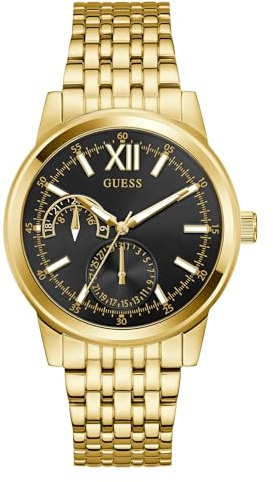 Guess Emerson Men's Quartz Watch with Date Display, Gold Stainless Steel Strap, Mineral Glass, Black Dial, 3 Bar, Case Diameter: 42 mm, GW0976G2