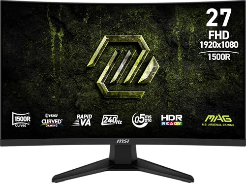 MSI MAG 275CF X24 Gaming Monitor 27 1920 x 1080 (FHD), 240Hz, Adaptive Sync, HDR Compatible, HDMI, VGA Port, VESA Mount, Tilt, 4-Sided Thin Bezel, 0.5ms, Black