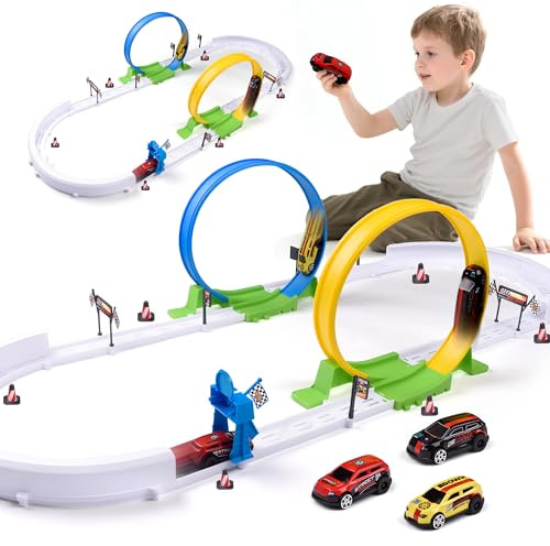 Havnidy Autorennbahn für Kinder, Rennstrecke Auto Spielzeug Mit 2X 360°-Loopings und 4 Schnellen Rückziehautos, Strecke Spielzeug Geschenk für Jungen ab 3 4 5 6 Jahren