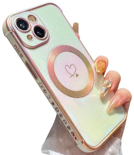 ZTOFERA Magnetic Heart Case for iPhone 14 Plus, Iridescent White | 6.7-Inch, [Compatible with MagSafe], Cute Love Heart Pattern, Flexible Soft Silicone, Protective Shockproof Bumper Cover