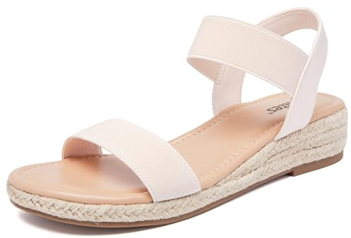 Veittes Sandales compensées à plateforme pour femmes,Sandales compensées espadrilles d'été habillées à talon avec bride élastique à la cheville orteils ouverts,Amande,42 EU,2507008