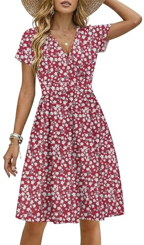 WNEEDU Summer Dresses for Women UK Short Sleeves V Neck, Red Flower, L