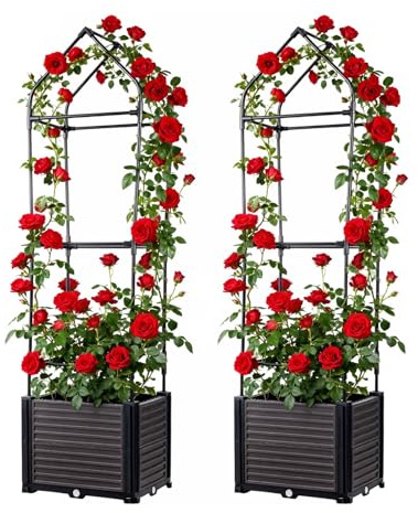 2er Set Hochbeet Metall & PP für Garten mit Rankhilfe Pflanzenhalter, Pflanzkasten Blumenkasten Kräuterbeet mit Selbstbewässerung für den Anbau von Tomaten, Blumen und Kräutern, 40x40x150cm