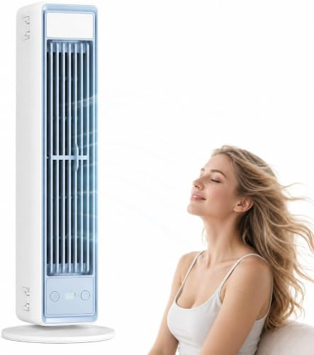 Mobiler Turm Luftkühler ohne Flügel mit 5 Stufen & Schwenkfunktion | wiederaufladbarer Kühlventilator mit Fernbedienung, LED Display Nachtlicht für Schlafzimmer, Wohnzimmer und Büro