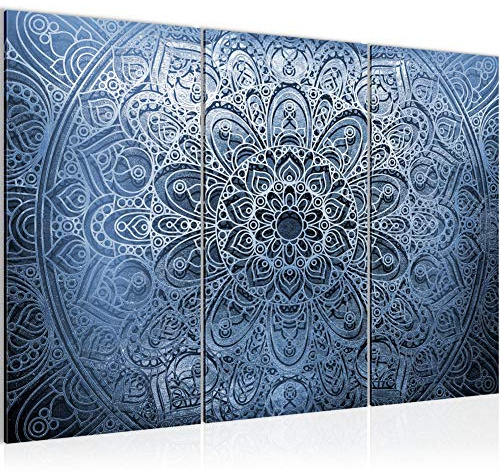 Runa Art Wandbilder Mandala Bild XXL Wohnzimmer Schlafzimmer Blau Grau Orientalisch 120 x 80 cm 3 Teilig 101231b