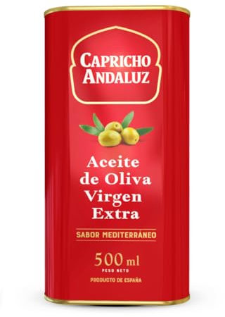 CAPRICHO ANDALUZ Aceite de Oliva Virgen Extra Lata de 500 ml– Sabor Intenso y Fresco, Envasado en Lata para Mejor Conservación, Ideal para Cocinar y Aderezar tus Ensaladas.