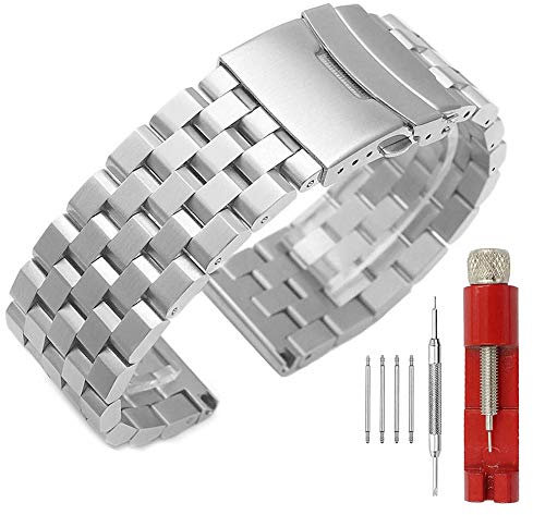 SINAIKE Armband für eine Armbanduhr 18mm Uhrenarmband aus Metall 5 -Reihen Armbänder aus Gebürstetem Massivem Edelstahl Ersatzband Silber Armband