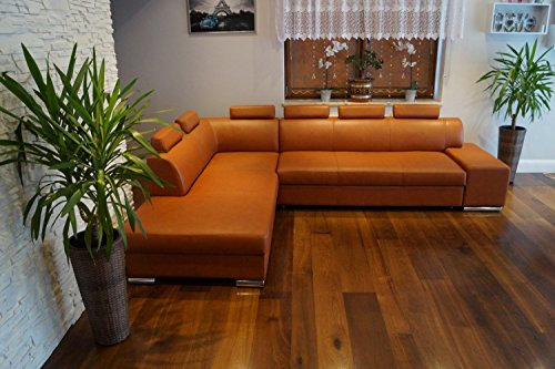 Quattro Meble Cognac Farbe Echtleder Ecksofa London II 6z 300 x 220 Sofa Couch mit Bettfunktion, Bettkasten und Kopfstützen Braun Glatt Echt Leder Venice Cognac Eck Couch große Farbauswahl