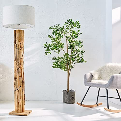 cagü: Unikat Stehlampe SABAH Grau Rund Leinenschirm aus Teak-Treibholz handgefertigt 160cm Höhe