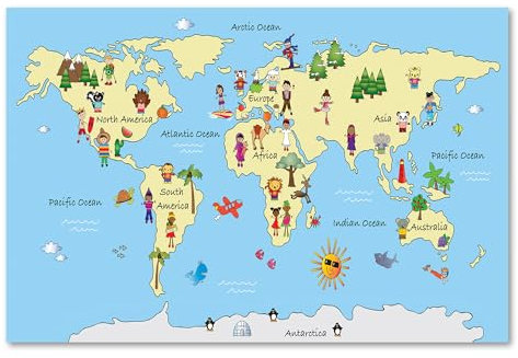 Postereck - 2353 - Hochwertiges Weltkarten Poster für Kinder | Weltkarte Wand zum lernen | Unterricht Klassenzimmer Schule World Map Wall | Landkarte Welt XXL | Poster - DIN A3-29,7 cm x 42,0 cm