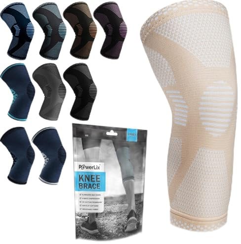 POWERLIX Kniebandage für Damen/Männer, Kompression Kniestütze für Meniskusriss, Arthritis, Linddert Kniescherzen, ACL, Laufen, Gewichtheben, Basketball, Volleyball, Sport, Beige, M