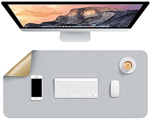 Hsurbtra Desk Pad, 80 x 40 cm Dual Side PU Leather Large Mouse Pad, Desk Protector, Desk Mat for Desktop, Cute Desk Accessories for Women Office, Desk Supplies for Keyboard and Mouse, Gold & Grey