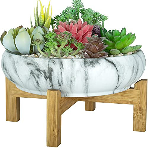 ARTKETTY Sukkulentententopf, großer Sukkulenten-Übertopf mit Drainage, runder Marmor-Bonsai-Topf Bambusständer, für Kaktuspflanzen Dekorative Blumen-Übertopf Schüssel Home Office, Weiß/Schwarz