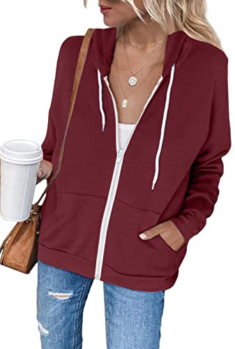 Uusollecy Sweatjacke Damen, Langarm Full Zip Hoodie Sweatshirt, Casual Loose Einfarbig Kapuzenjacke, Reissverschluss Kapuzenpullover Sweatshirt mit Kapuze Rot XXL