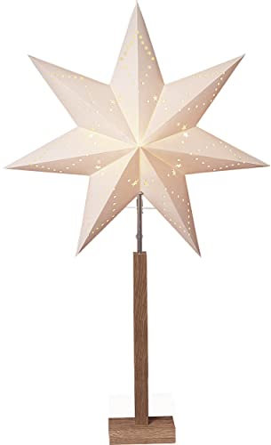 EGLO Tischlampe mit Weihnachtsstern, Deko-Stern beleuchtet aus Papier mit Holz-Sockel, 3D Fenster-Leuchtstern stehend in Weiß mit Kabel, E14