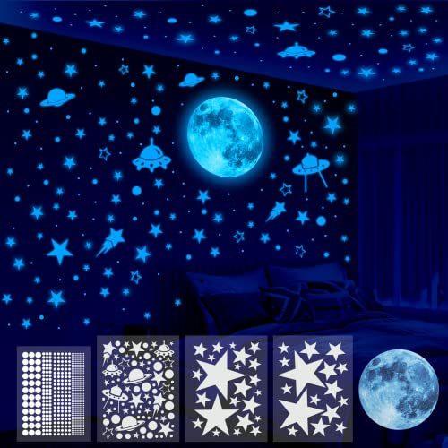 Yosemy Wandsticker Leuchtaufkleber Sticker 645 Stück Leuchtsterne Leuchtsticker Wandtattoo Leuchtend Mond Sterne Fluoreszierend Wandaufkleber Aufkleber Für Kinderzimmer Dekorative Aufkleber Blau