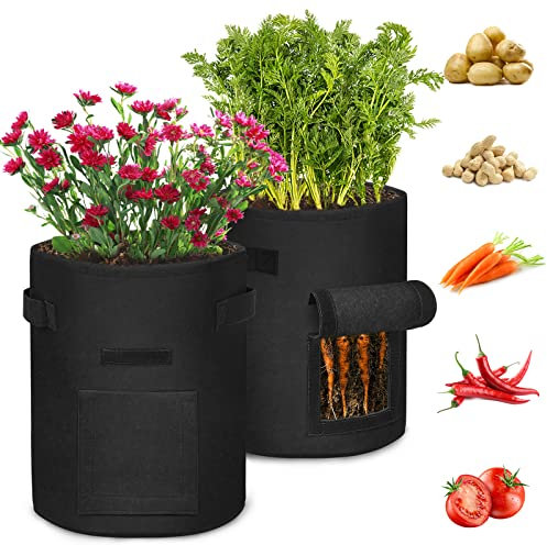 Aufun Pflanzsack Kartoffel 10 Gal, 3 Stück 38L Pflanzen Tasche, mit Klettverschluss Sichtfenster und Griffen, Wiederverwendbar, zur Aufzucht für Erdbeeren, Karotten, Tomaten, Blumen (35x40cm, Schwarz)