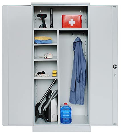 Mehrzweckschrank | Besenschrank | Spindschrank mit Hakenleiste und 6 Fächern, 195x92x42, komplett montiert, Grau