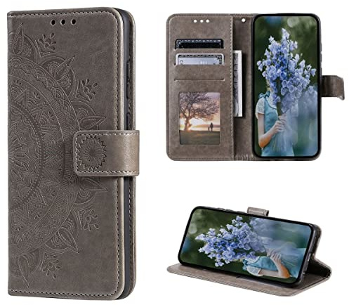 CoverKingz Handytasche kompatibel mit iPhone 14 Pro - Handy Case mit Kartenfach Handyhülle - Flipcase klappbar Motiv Mandala Grau