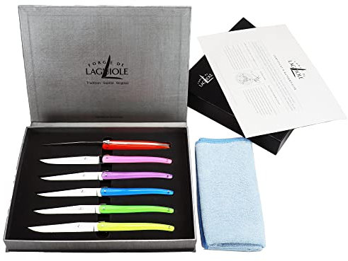 Palatina Werkstatt Laguiole Messer - 6er Set extravagante Tafelmesser in verschiedenen Farben - Aus der Signature Kollektion - Entworfen von Jean-Michel Wilmotte + hochwertigem Poliertuch