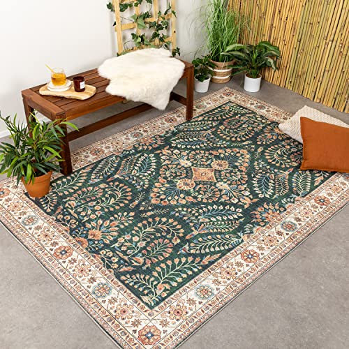 FRAAI | Home & Living Vintage Gartenteppich - Santo Flora Dunkelgrün - Wetterfest - Polyester - Flachgewebe - Balkon, Garten/Terrasse - Terrasse - Rug