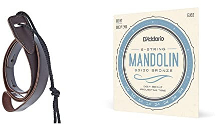 D'Addario Accessories Leather Mandolin Strap - Mandolin Accessories - Cradle Style - Brown & EJ62 80/20 10-34 Bronze Light Mandolin String