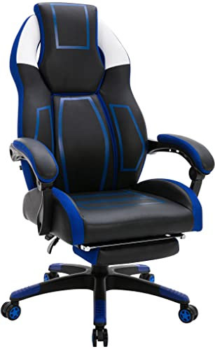 CLP Bürostuhl Clovis Kunstleder I Höhenverstellbarer Schreibtischstuhl Mit Kopfstütze I Gaming-Stuhl mit Fußstütze, Farbe:schwarz/blau