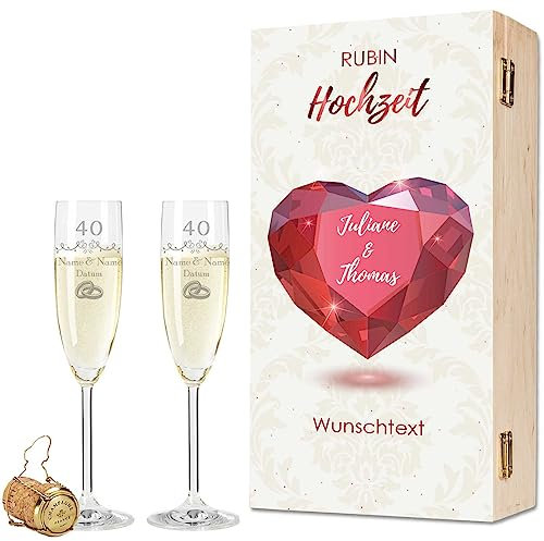 Leonardo Sektgläser mit Gravur - Rubinhochzeit 40 Jahre - Personalisiert mit Namen & Datum inkl. Holzkiste - Geschenk zur Hochzeit Verlobung Jahrestag - Farbe: Sekt