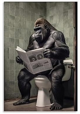 WEERSHUN Poster, Motiv: Gorilla auf Toilette, Lese-Zeitung, Kinderbadezimmer, Humor, lustiges Tier auf Toilette, schwarz und weiß, Poster, Leinwand, 90er-Jahre, Wandkunst, ästhetisches Poster, 30 x 45