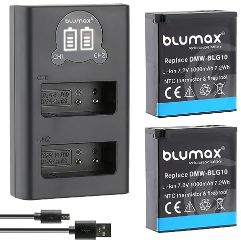 2X Blumax Akku kompatibel mit Panasonic DMW-BLG10 E [ 1000mAh ] mit NTC-Sensor & V1-Gehäuse + Slim Dual Charger DMW-BLG10E / DMW-BLE9 E/BP-DC15 E