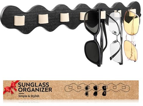 ONUEMP Wandmontage Brillenhalter, Brillenregal Schwarz, Holz Brillen Aufhänger, Brillenaufbewahrung Brillenständer, Leder Brillenhalter zum Aufhängen, Geschenke für frauen männer (Schwarz)