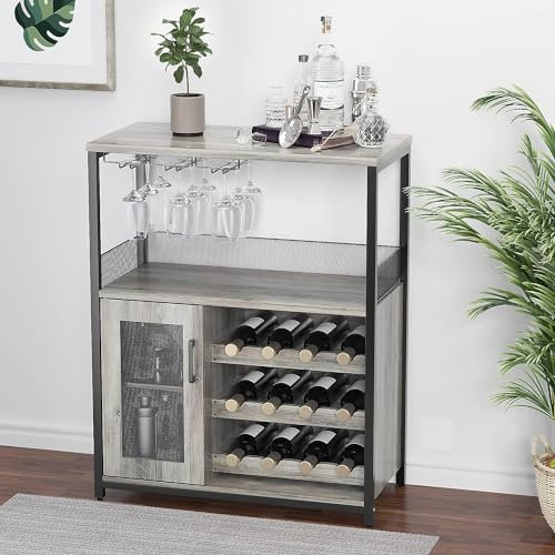 GAOMON Farmhouse Wine Bar Cabinet with Storage, Small Buffet Sideboard with Detachable Rack and Buffet Mesh Door,Wine and Glass Rack, Liquor Coffee Bar Cupboard for Kitchen, Dining Room (Grey)