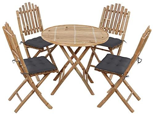 FENLAX 5-TLG. Garten-Essgruppe mit Anthrazit Kissen Klappbar Bambus Terassenmöbelset Sitzgruppe Gartenmöbel Set 4 Personen Sitzlounge für Draußen Dining Lounge Gartenmöbel Set （Tisch:80x70 cm）