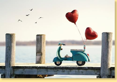Skorpion Hochzeitskarte Liebe im Fahrtwind - Romantische Glückwunschkarte mit Motorroller & Herzballons, Ideal für Hochzeit oder Jahrestag - mit Umschlag